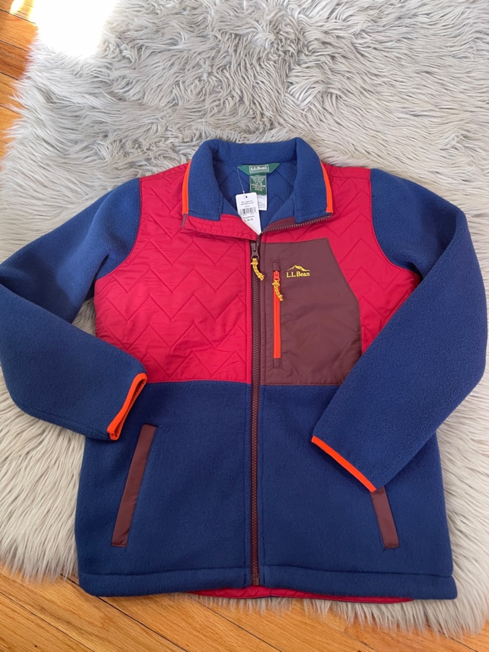 L.L. Bean Navy and Red Quilted Fleece Jacket with Orange‎ Trim